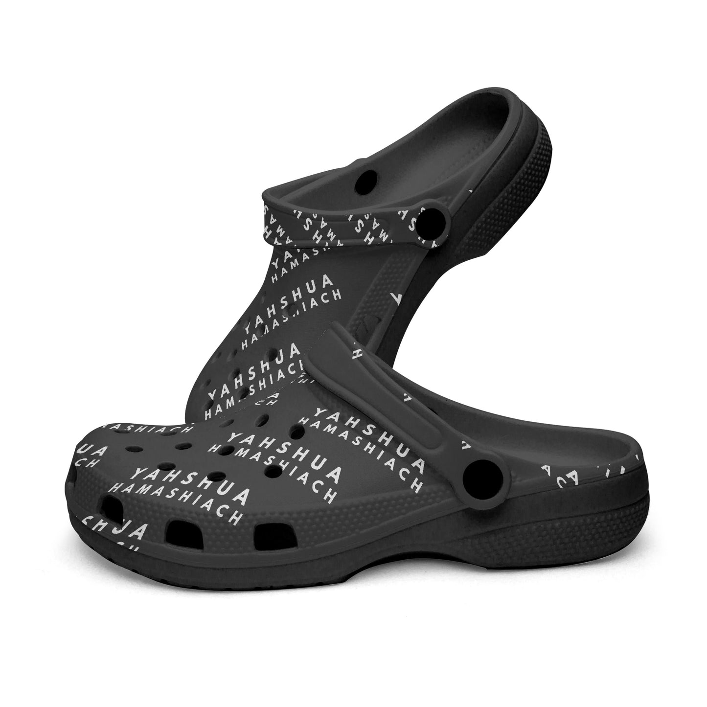 YAHSHUA HAMASHIACH Black-base AOP Clogs Top Up Down