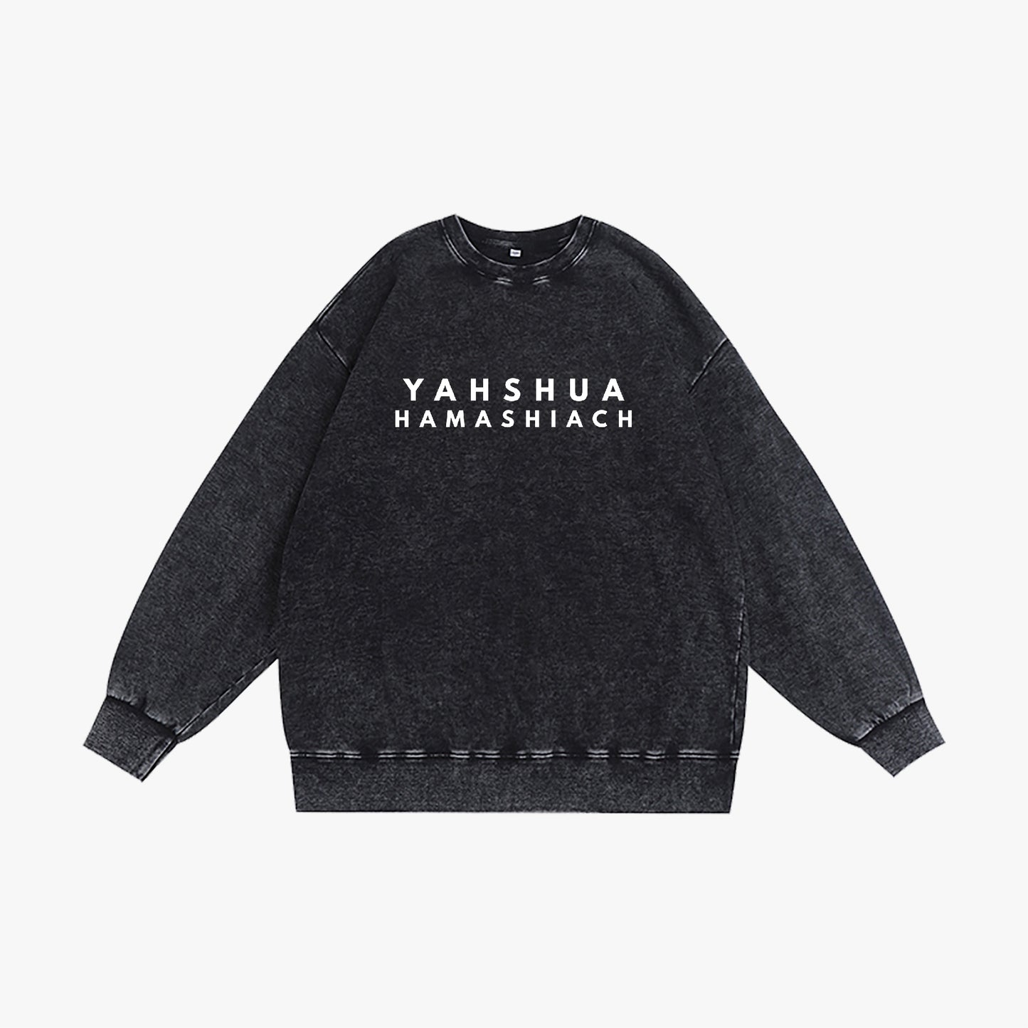 YAHSHUA HAMASHIACH Washed Vintage Crew-neck Sweatshirt Black Front