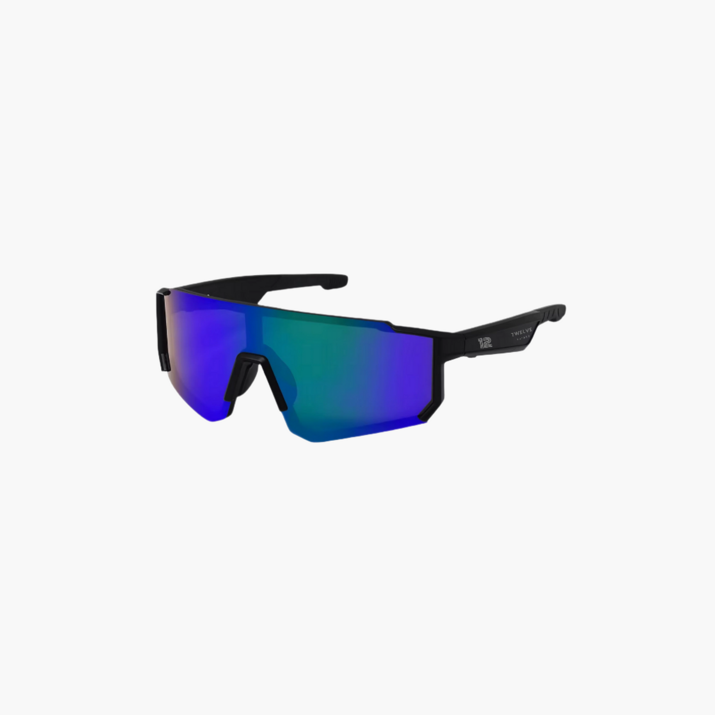Sunglasses with black frame and blue-tinted lenses on a white background