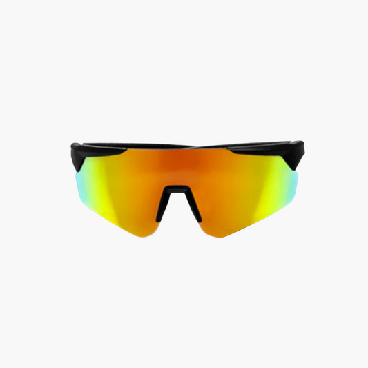 Sunglasses with colorful reflective lenses on a white background