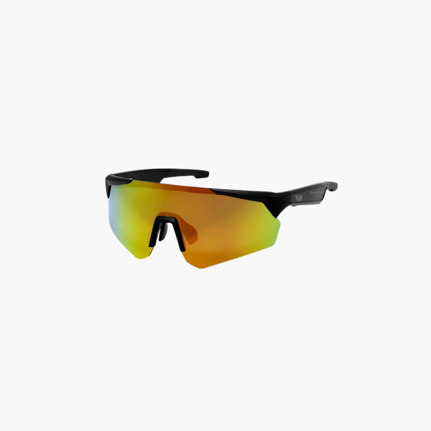 Sunglasses with black frame and red-orange reflective lenses on a white background