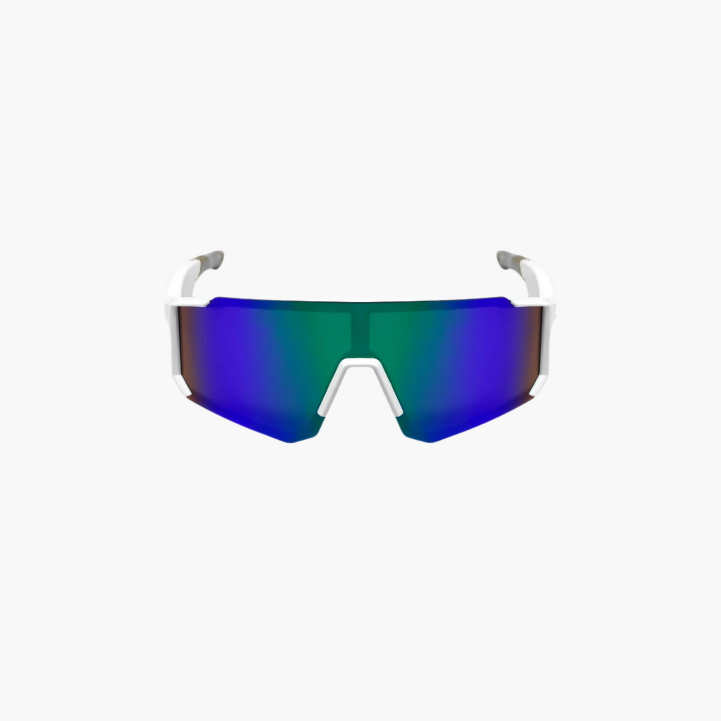 Sunglasses with reflective green and blue lenses on a white background