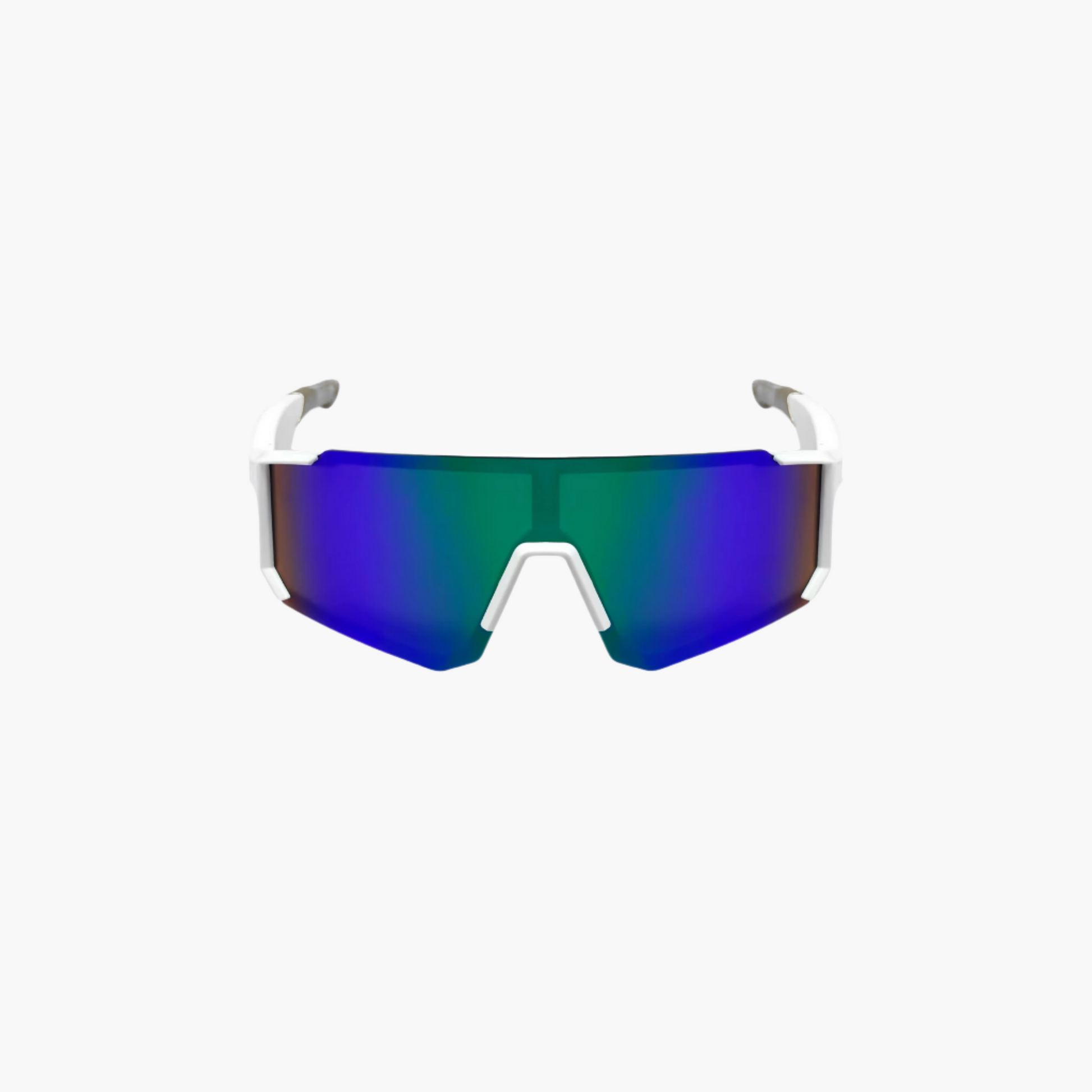 Sunglasses with reflective green and blue lenses on a white background