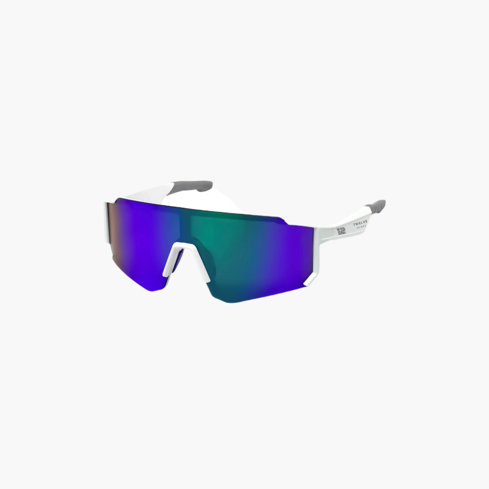 Sunglasses with white frame and blue-tinted lenses on a white background