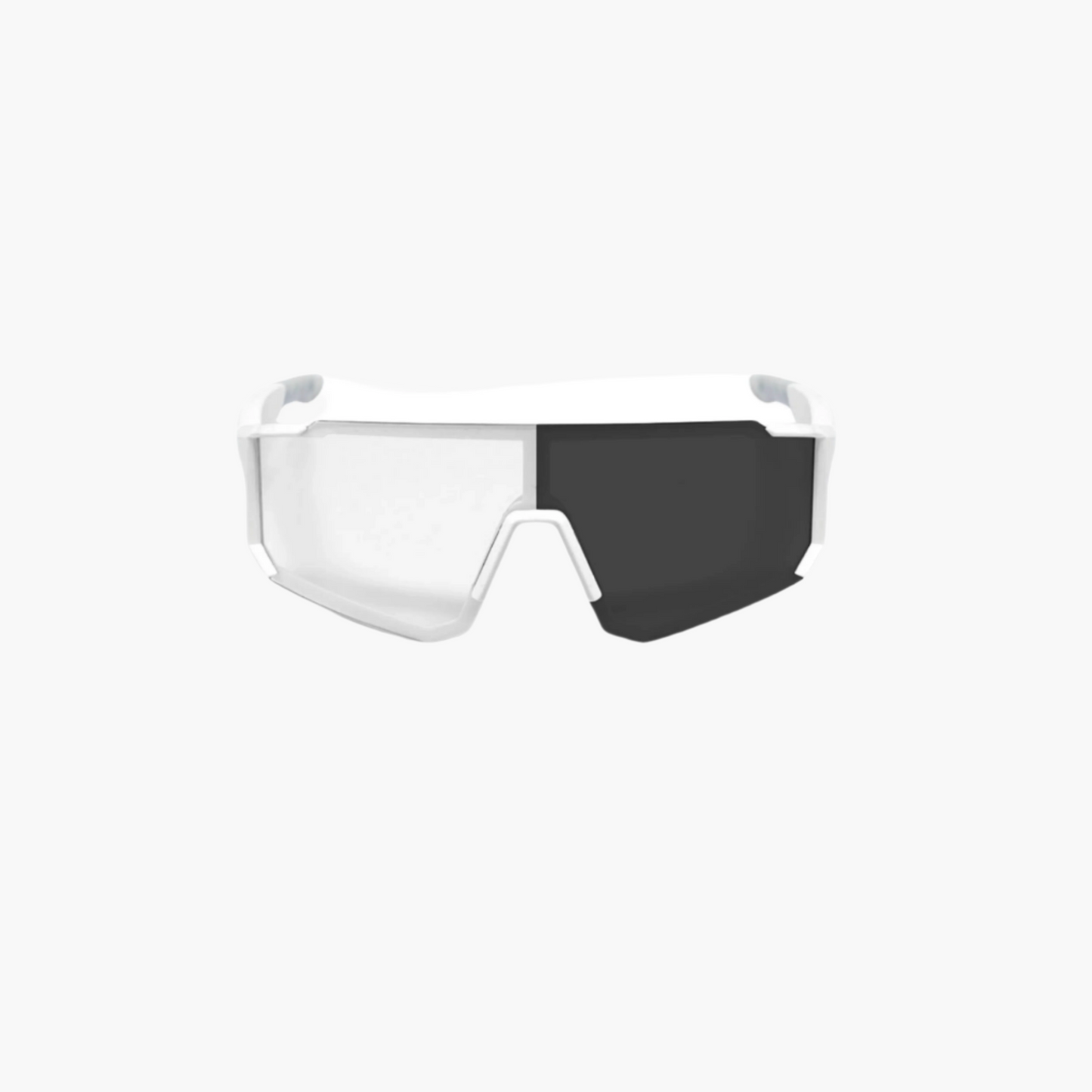 White sports glasses with photochromic lense and white background.