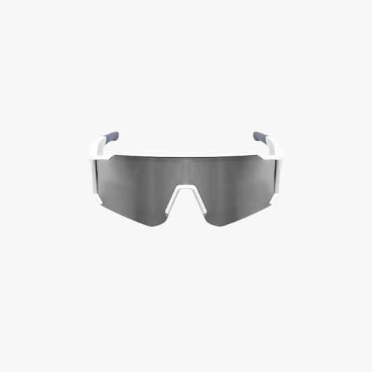 Sunglasses with a reflective lens on a white background