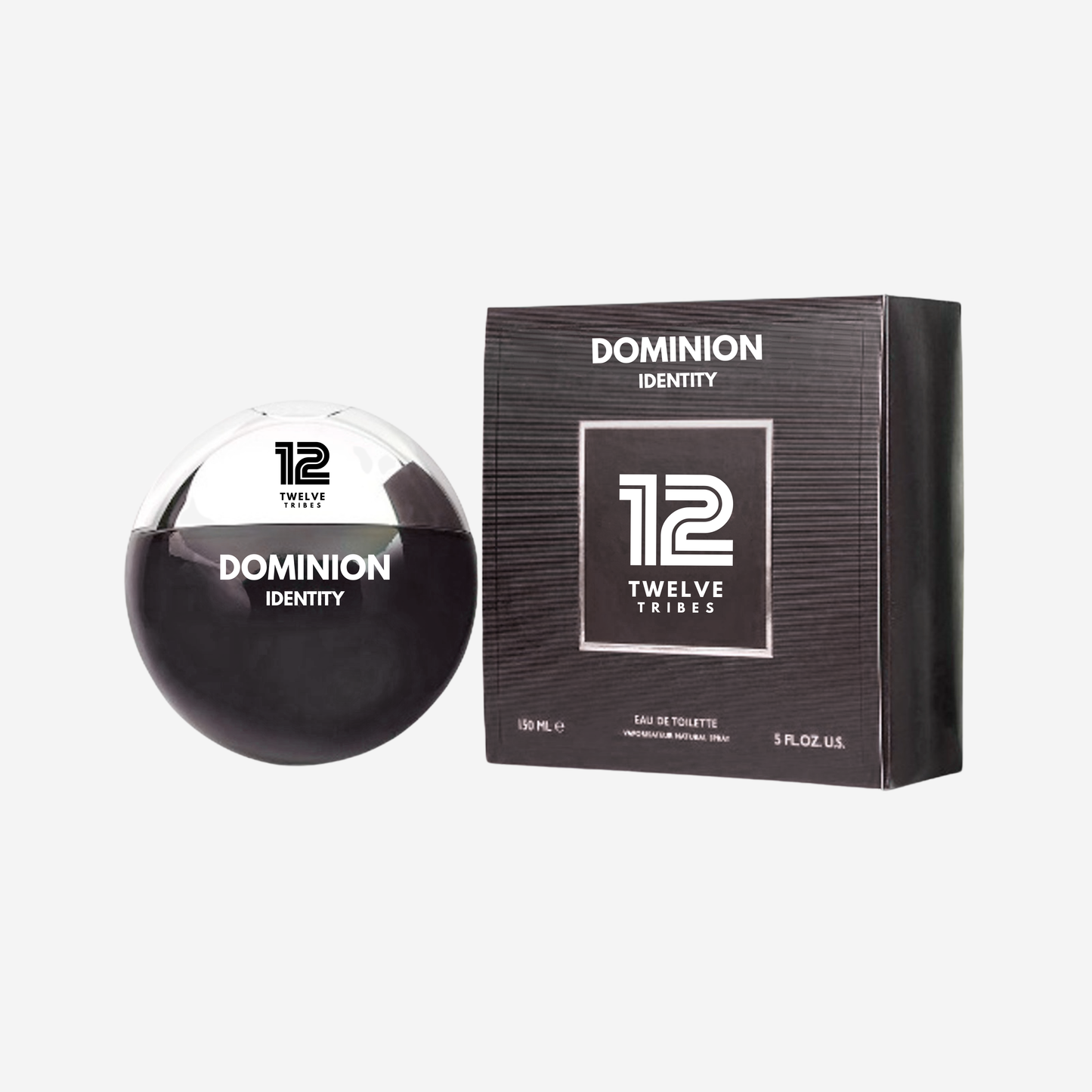 Perfume bottle and packaging of Dominion Identity by 12 Tribes on a white background