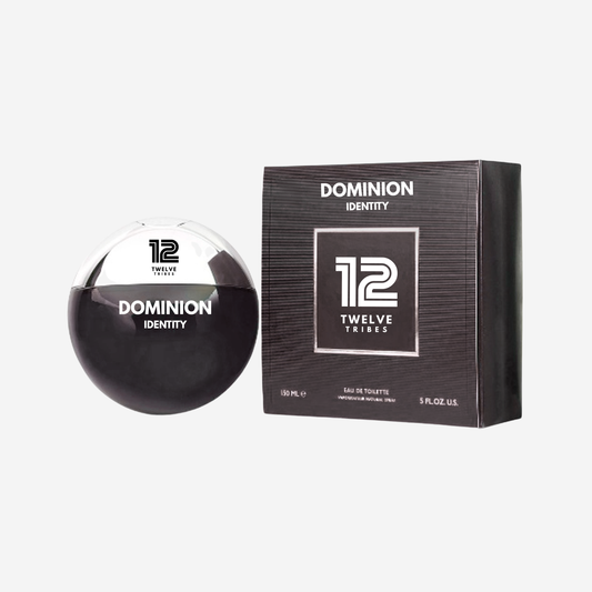 Perfume bottle and packaging of Dominion Identity by 12 Tribes on a white background