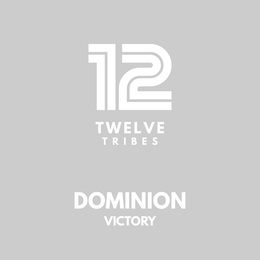 Logo of 12 Tribes with 'Dominion Victory' text on a gray background