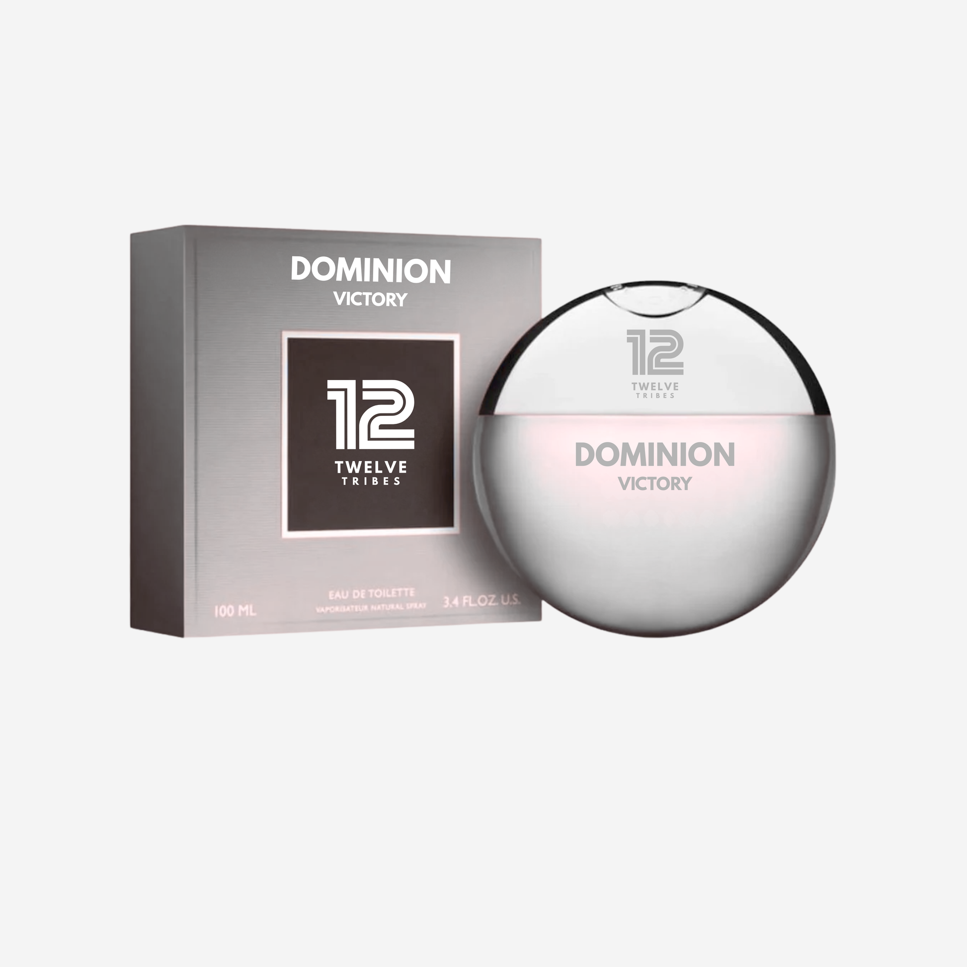 Perfume bottle and packaging of Dominion Victory by 12 Tribes on a white background