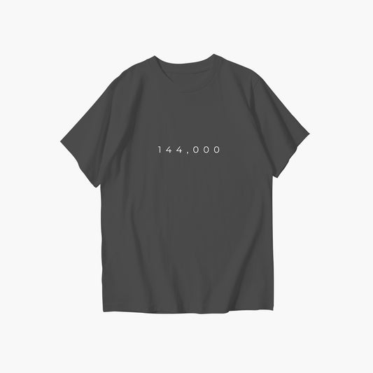 Black t-shirt with '144,000' printed on the back against a white background