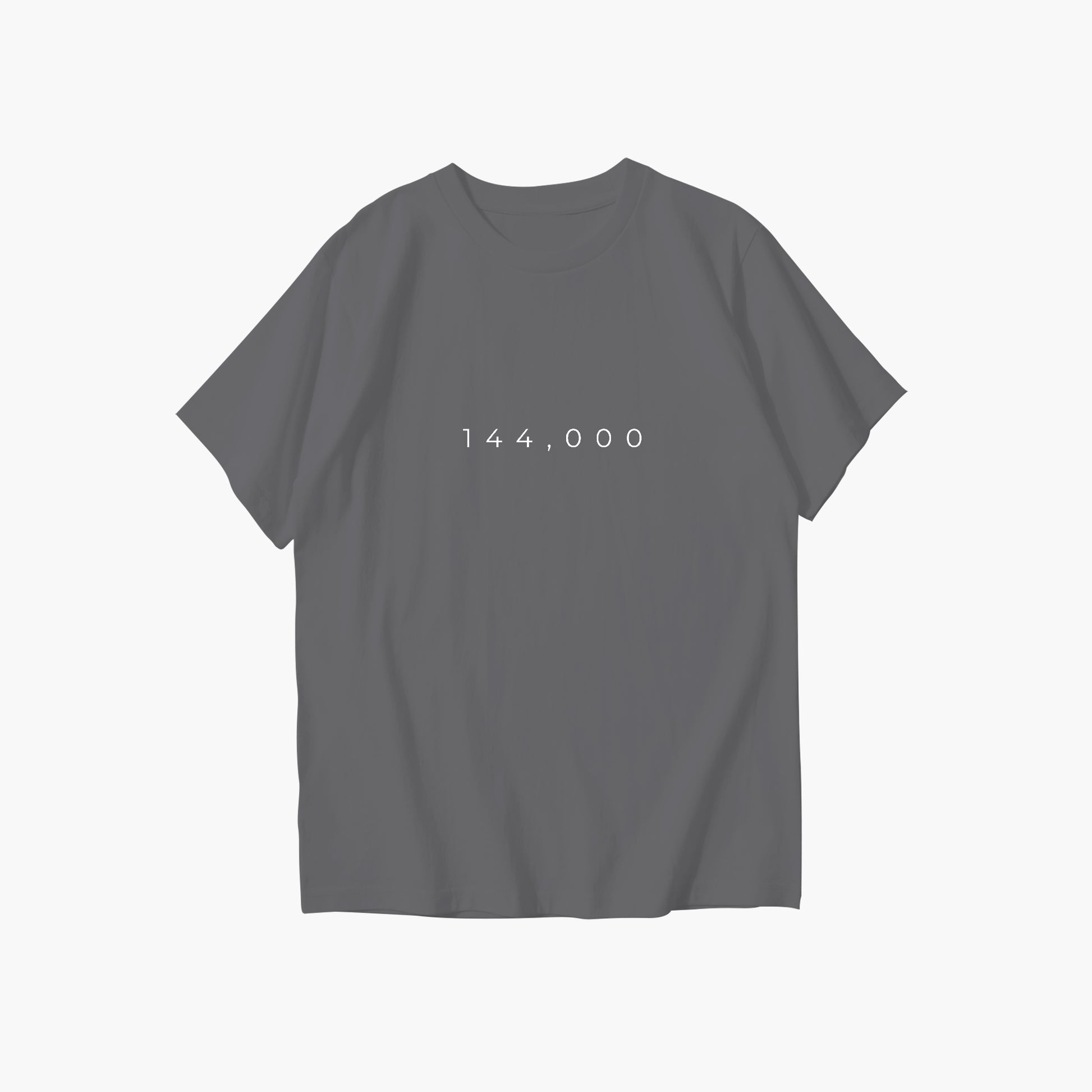 Gray t-shirt with '144,000' printed on the back against a white background