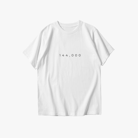 White t-shirt with '144,000' printed on a white background