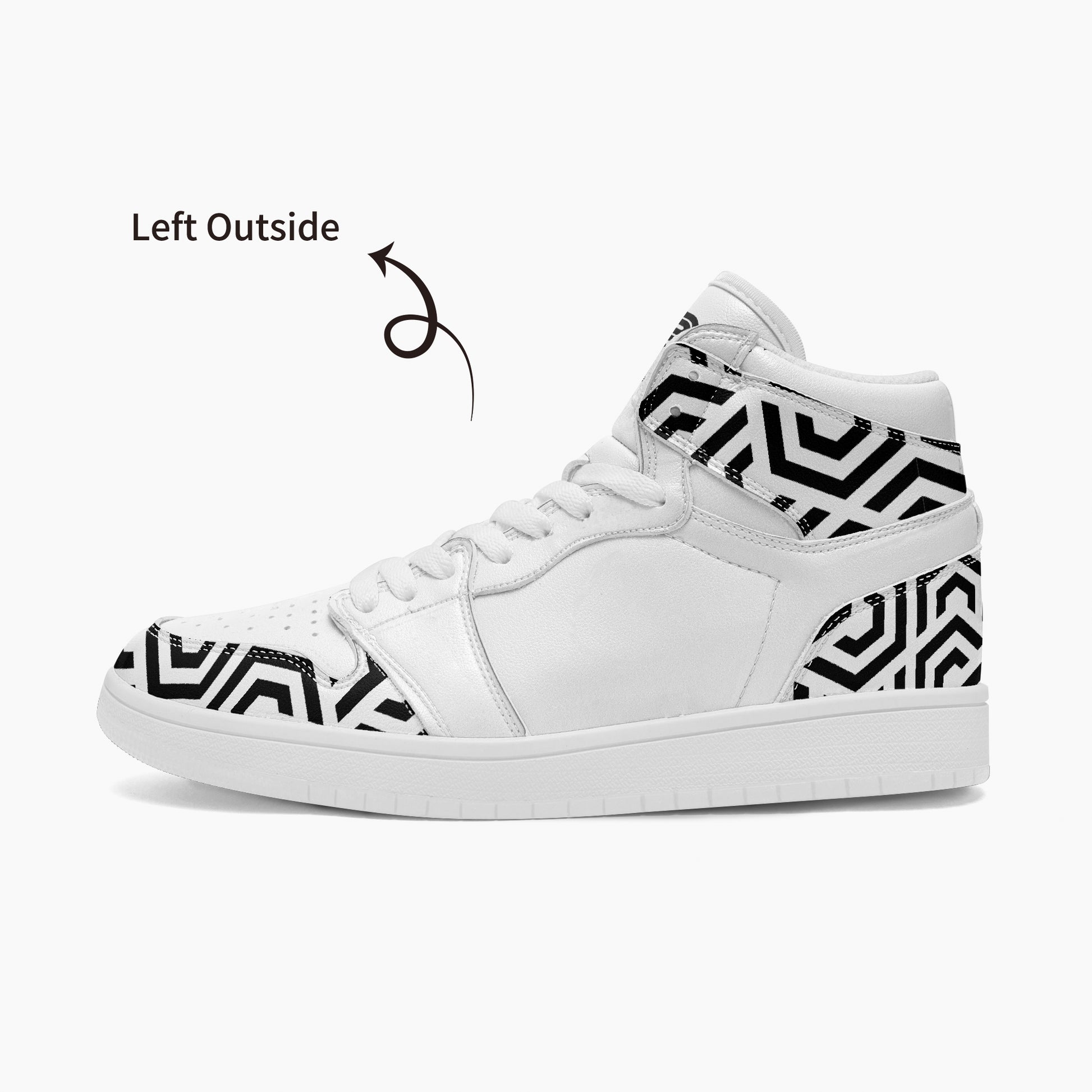 White high-top sneaker with black geometric pattern on a white background