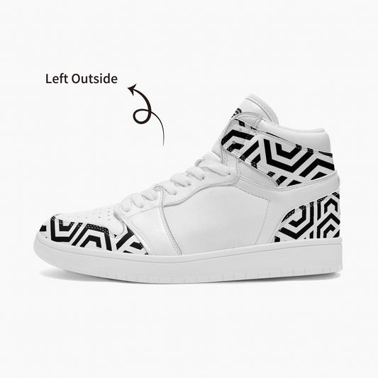 White high-top sneaker with black geometric pattern on a white background