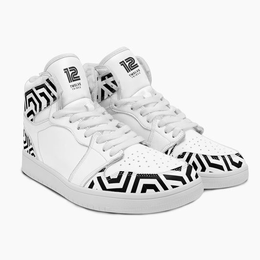 White sneakers with black geometric patterns on a white background