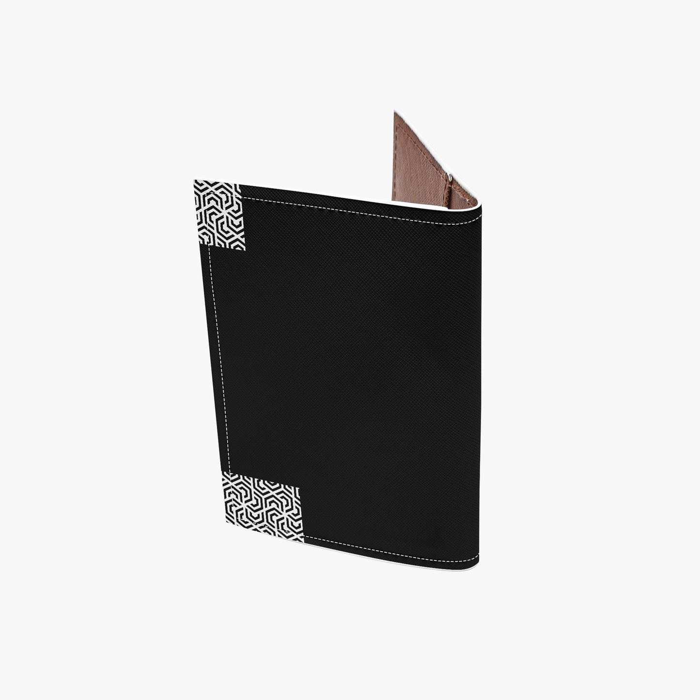 Black folder with geometric patterned ends on a white background