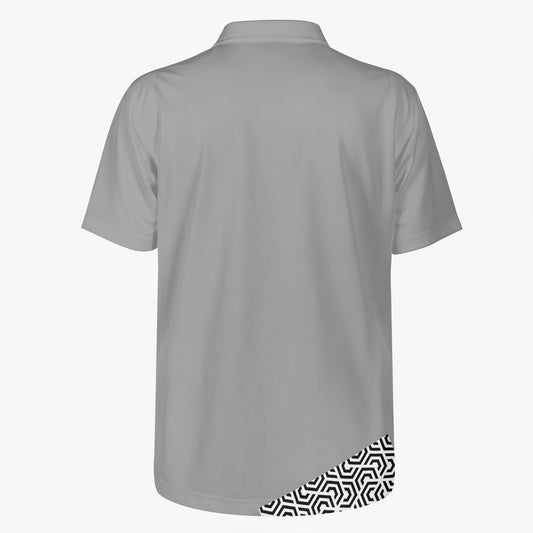 Gray polo shirt with a patterned hem on a white background