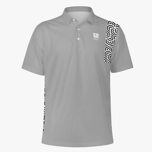 Gray polo shirt with black and white pattern on sleeve against a white background