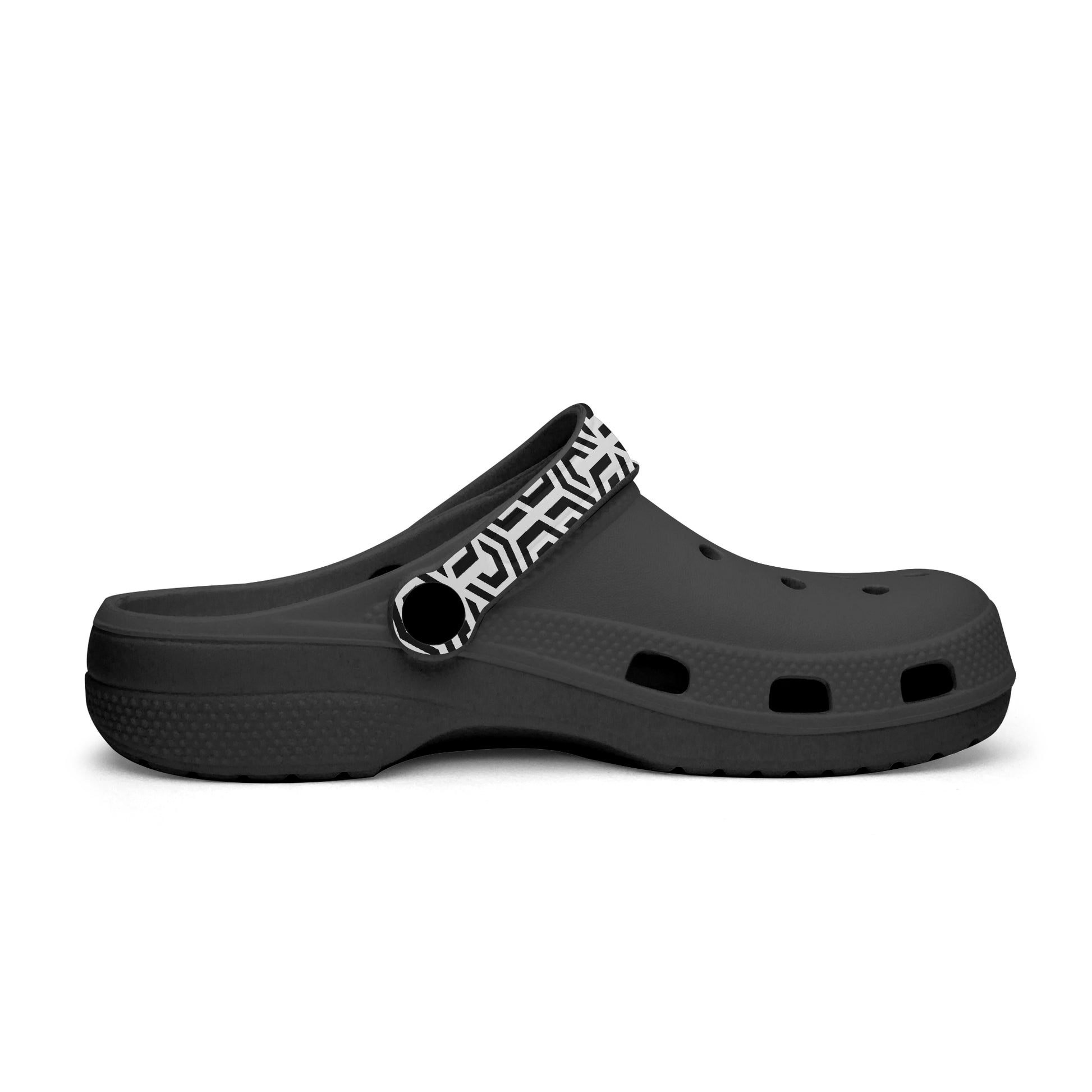 Black clog shoe with a decorative band on a white background
