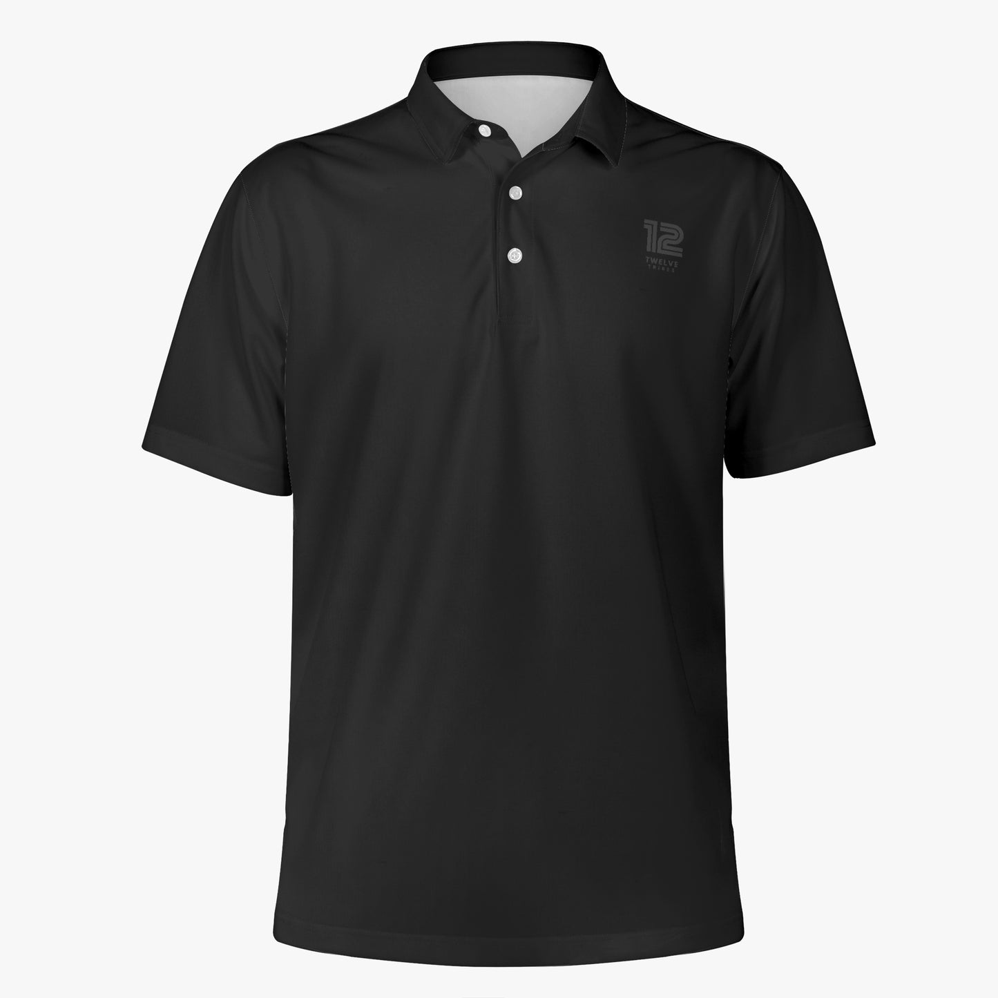 Black polo shirt with a logo on a white background