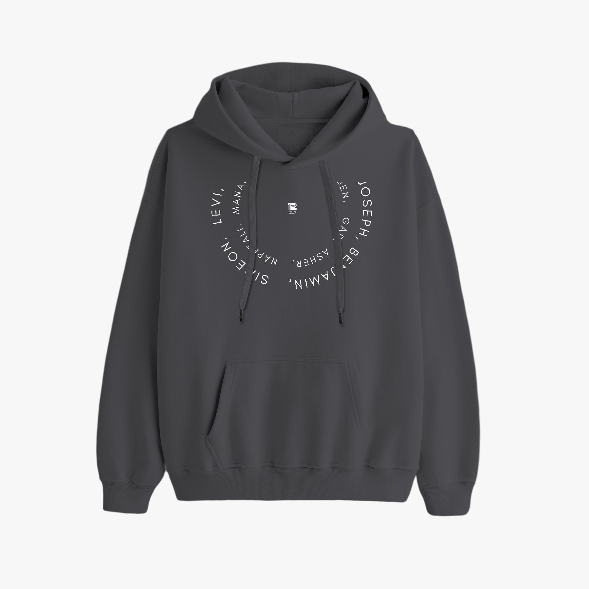 Gray hoodie with brand logos on a white background