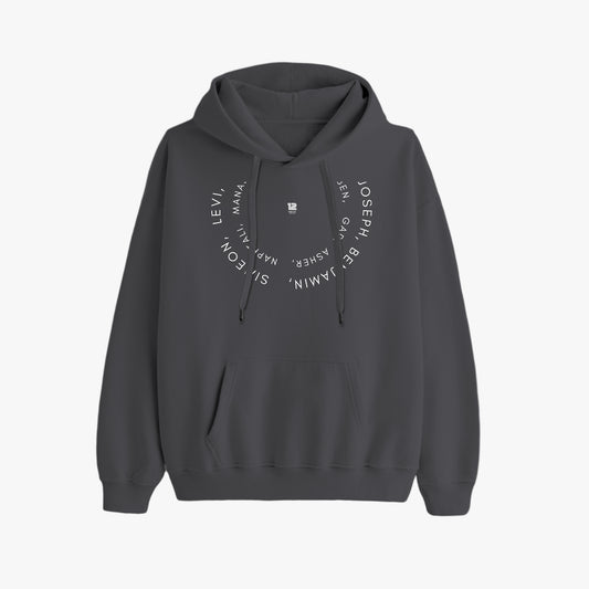 Gray hoodie with brand logos on a white background