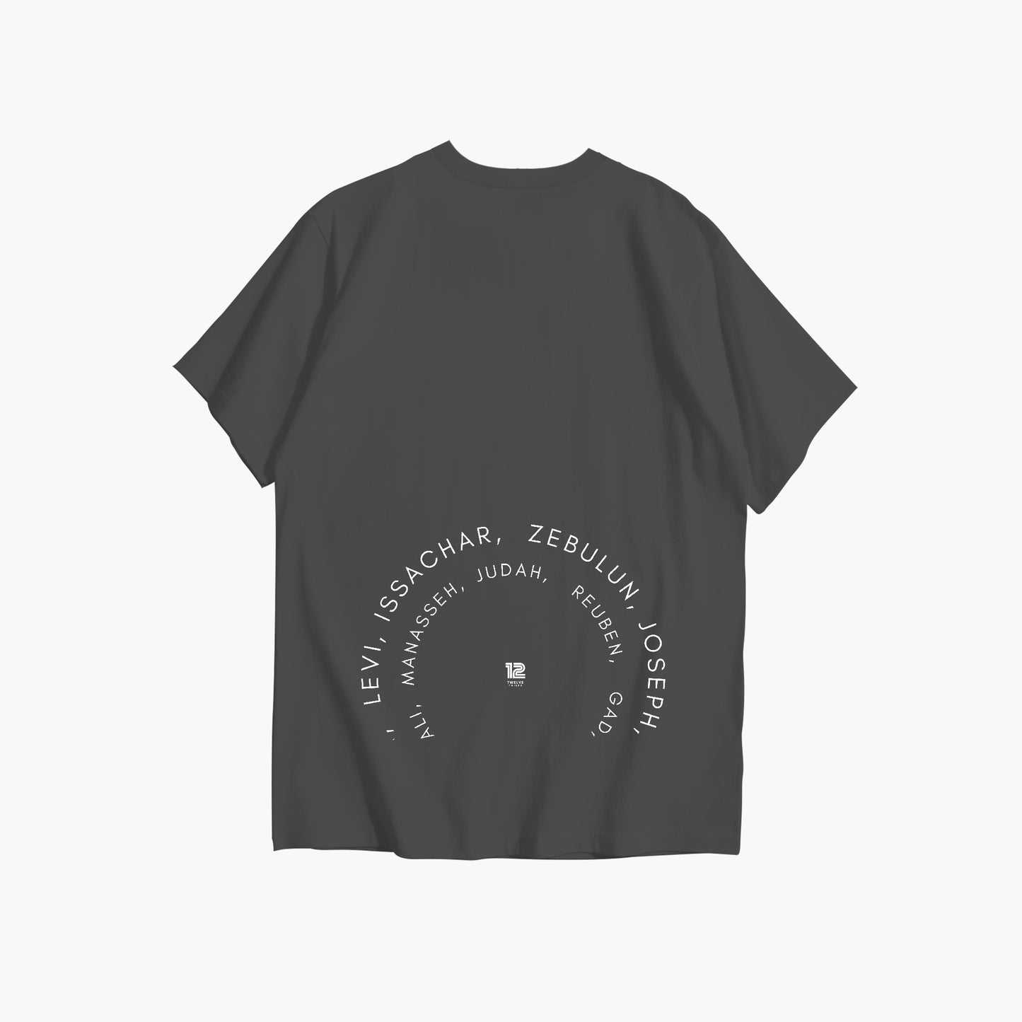 Black t-shirt with white text on a white background