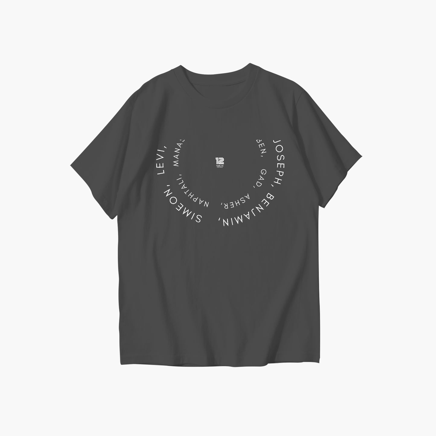 Black t-shirt with white text on a white background