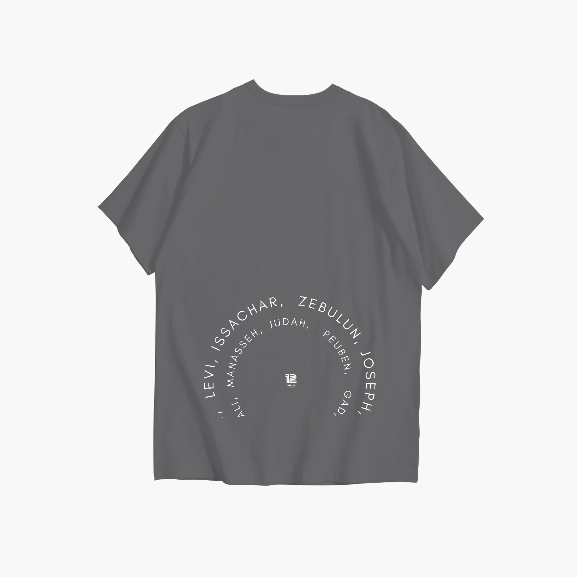 Gray t-shirt with text design on a white background