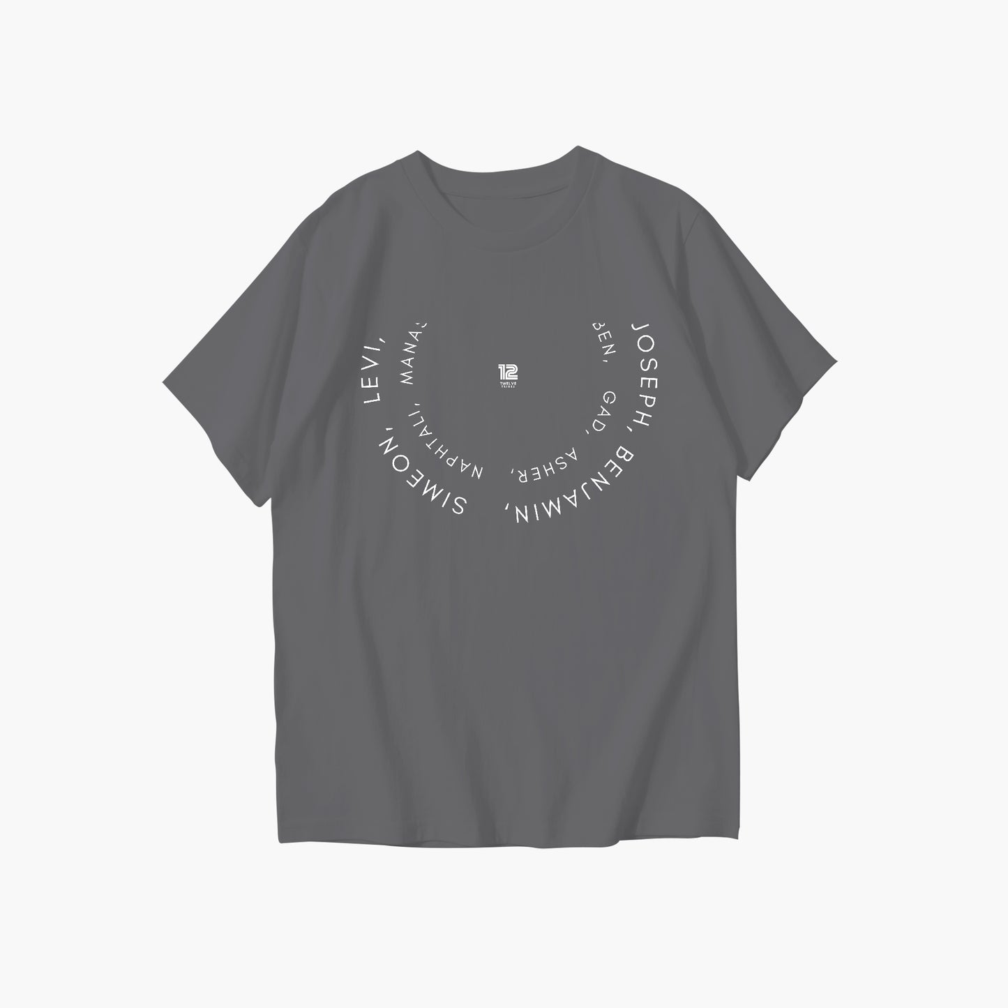 Gray t-shirt with white text on a white background