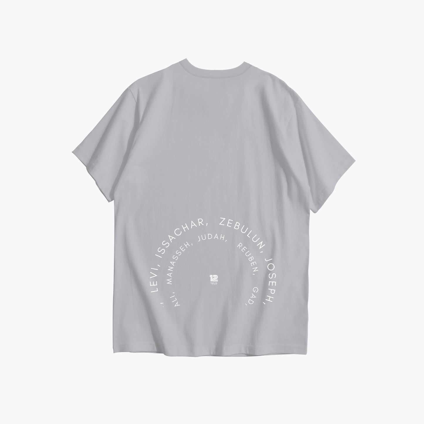 Gray t-shirt with white text on a white background