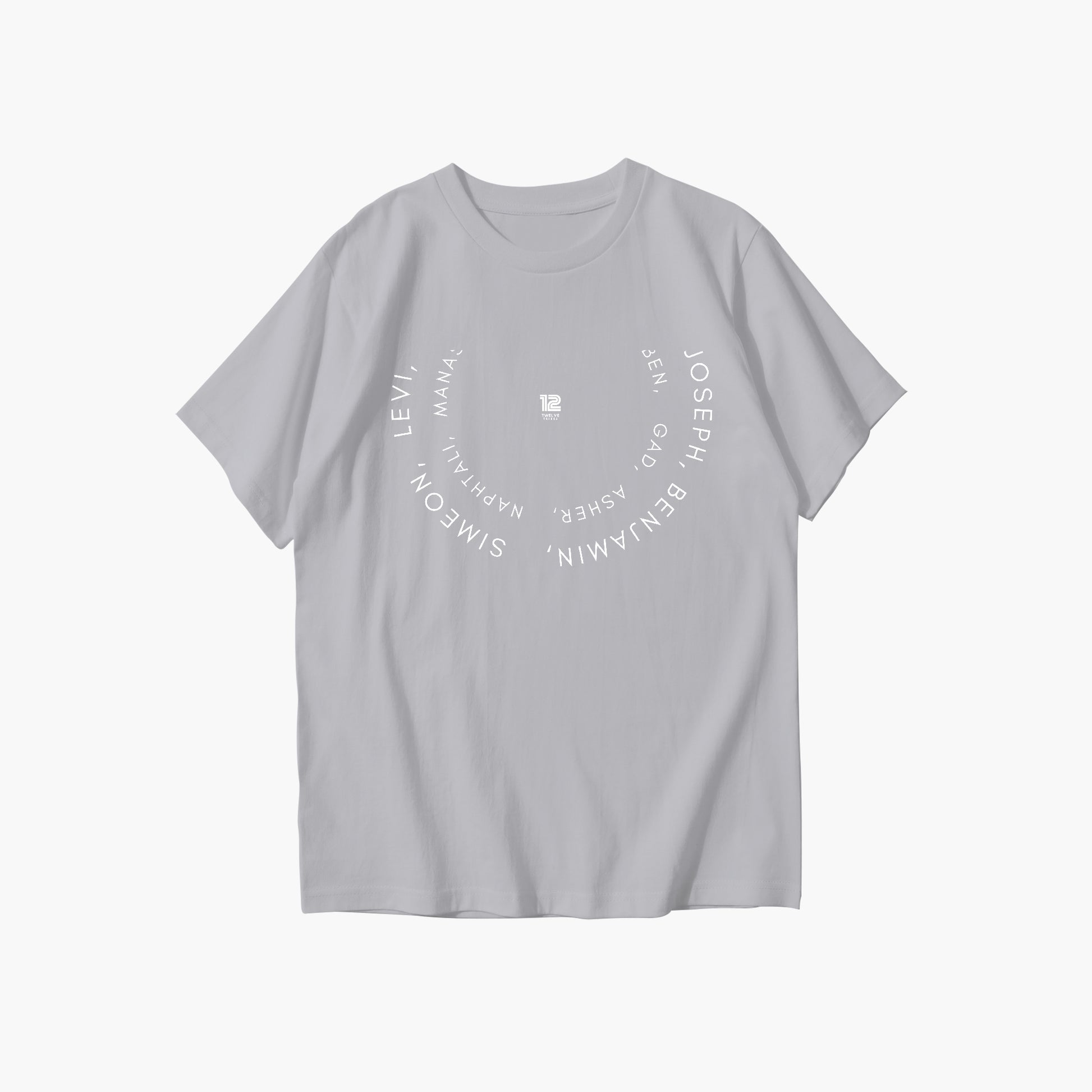 Gray t-shirt with white text on a white background