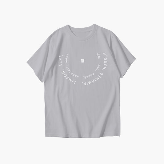 Gray t-shirt with white text on a white background