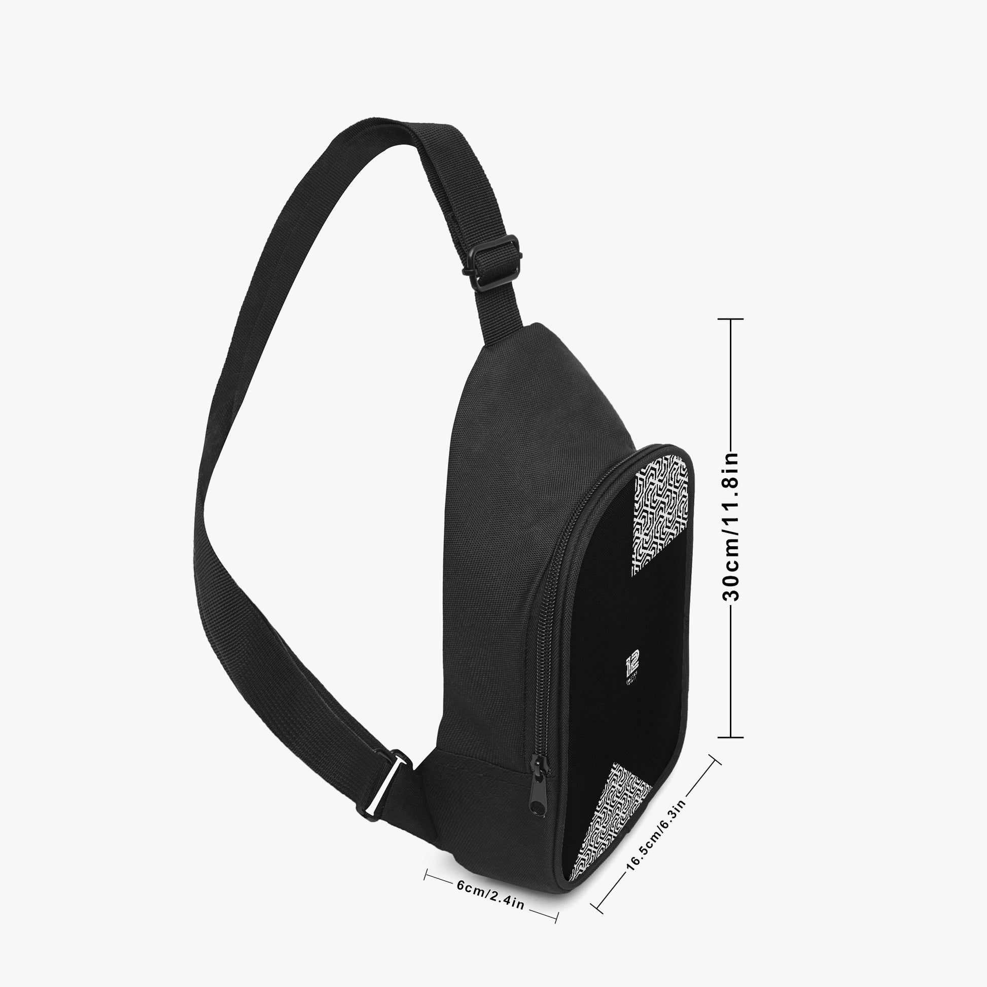 Black crossbody bag with measurements on a white background