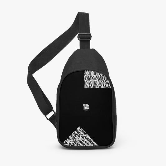 Black sling bag with geometric pattern on a white background
