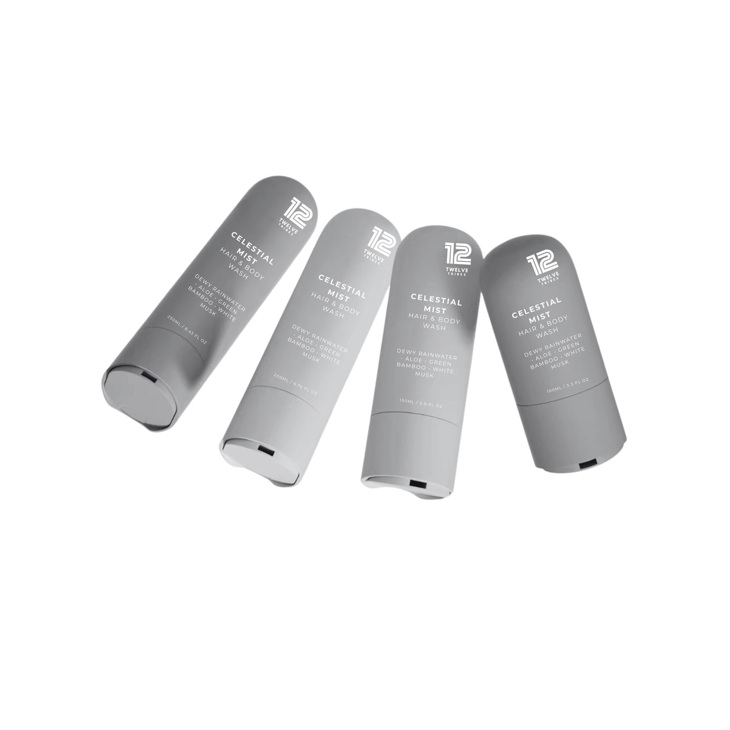 Four gray cylindrical bottles labeled '12' on a white background