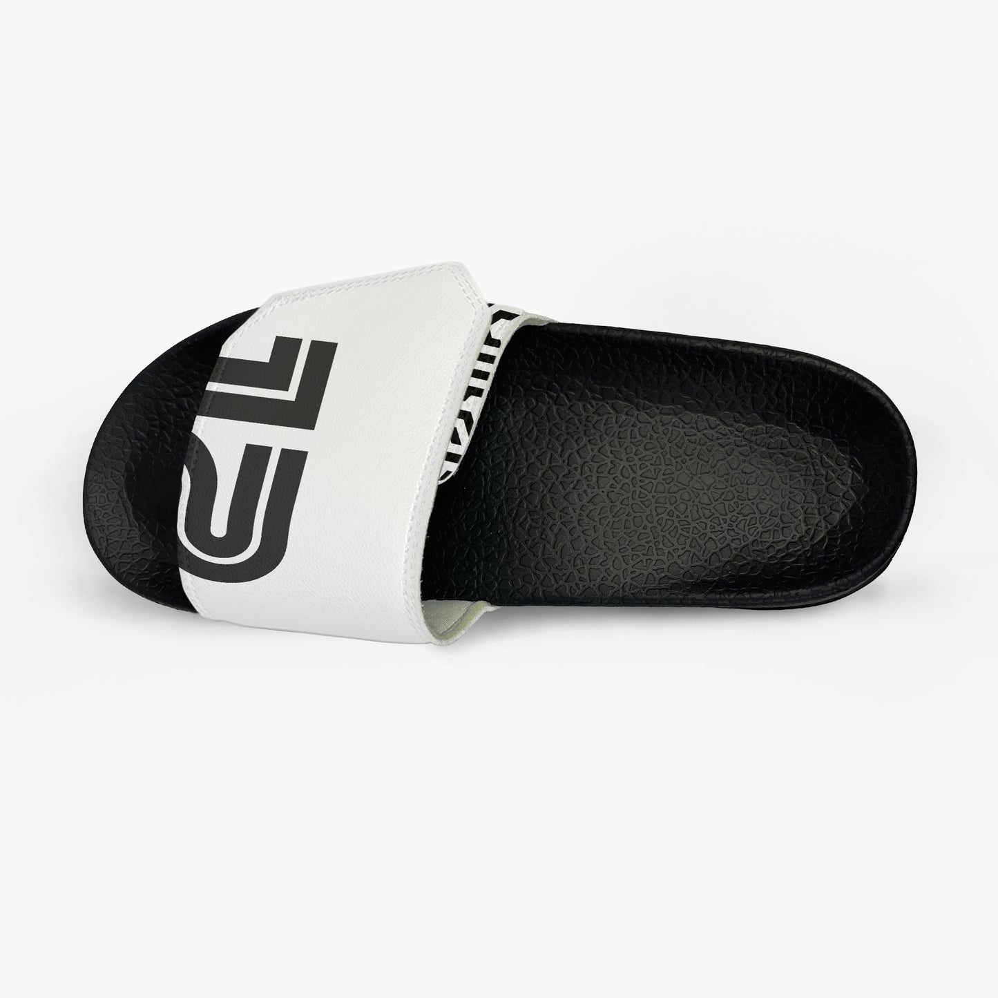 Black and white slide sandal with a logo on a white background