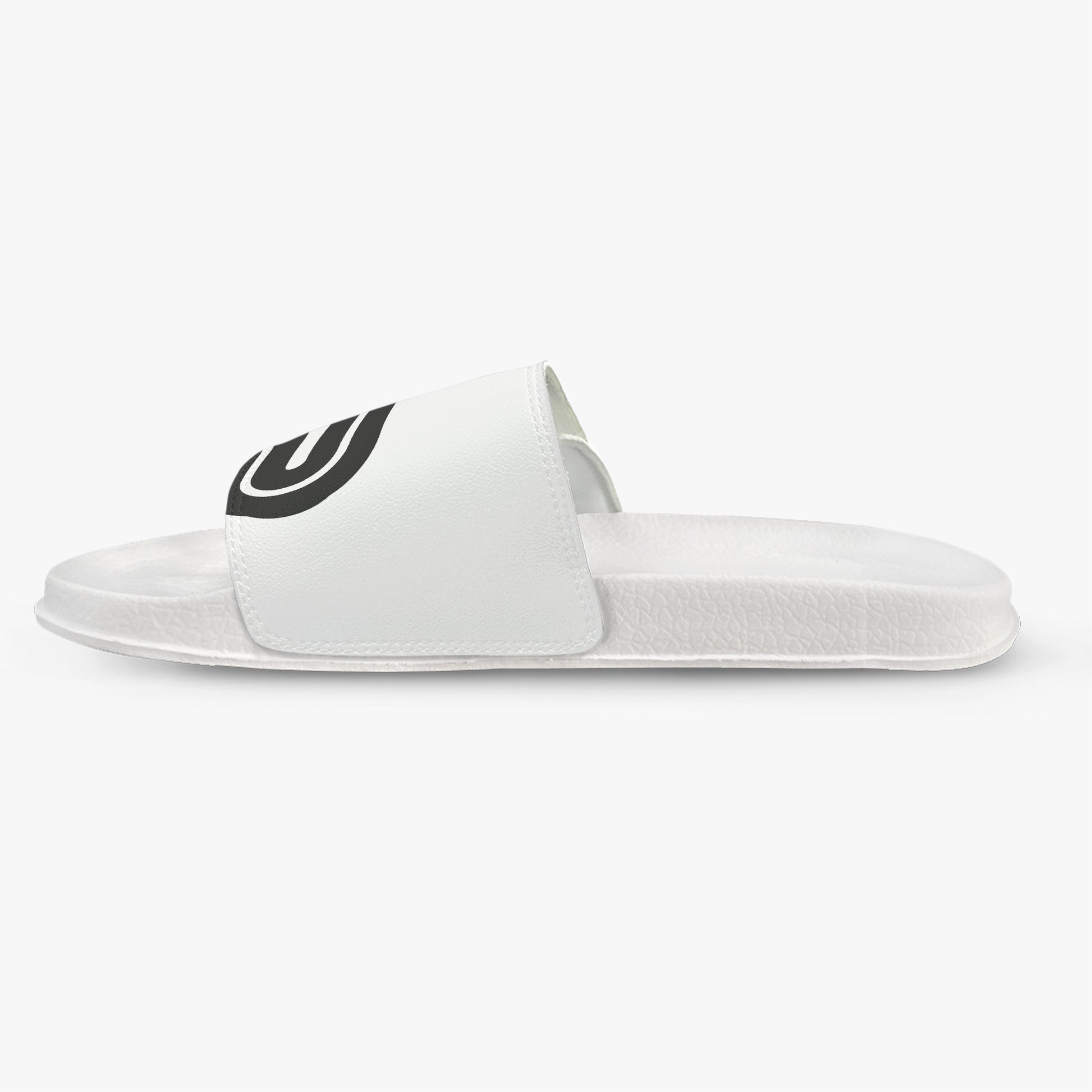 White slide sandal with a black logo on a white background