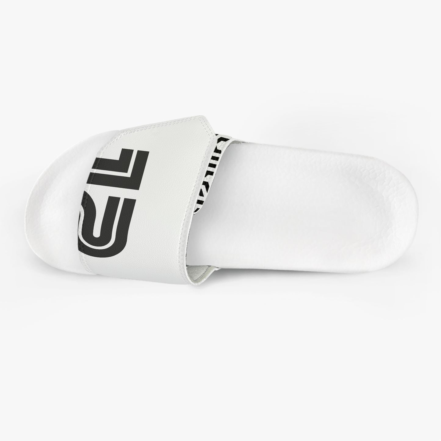 White slide sandal with black logo on a white background