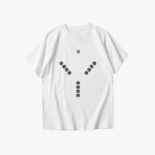 White t-shirt with black graphic design on a white background