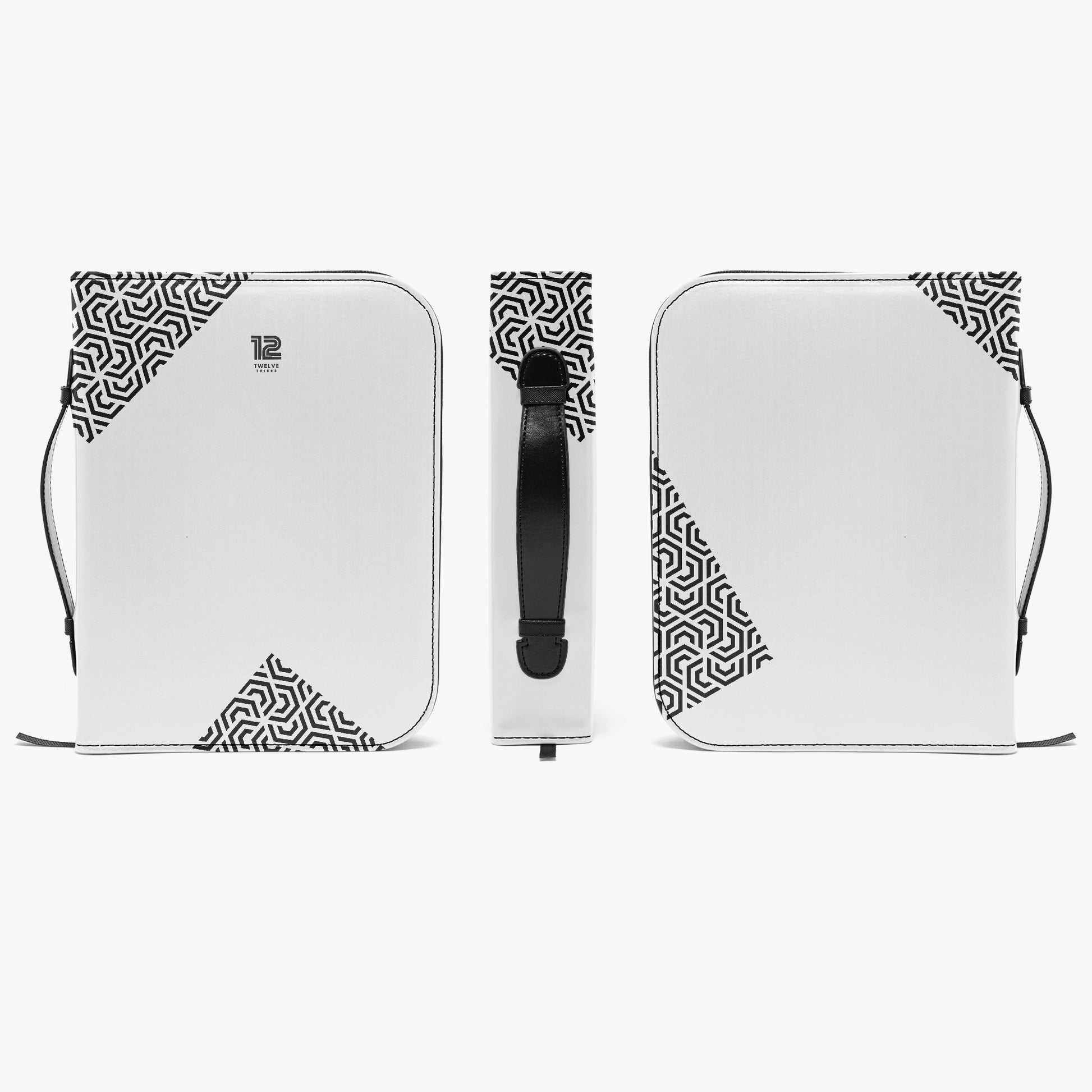 White drawstring bag with black geometric pattern on a white background