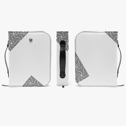 White drawstring bag with black geometric pattern on a white background