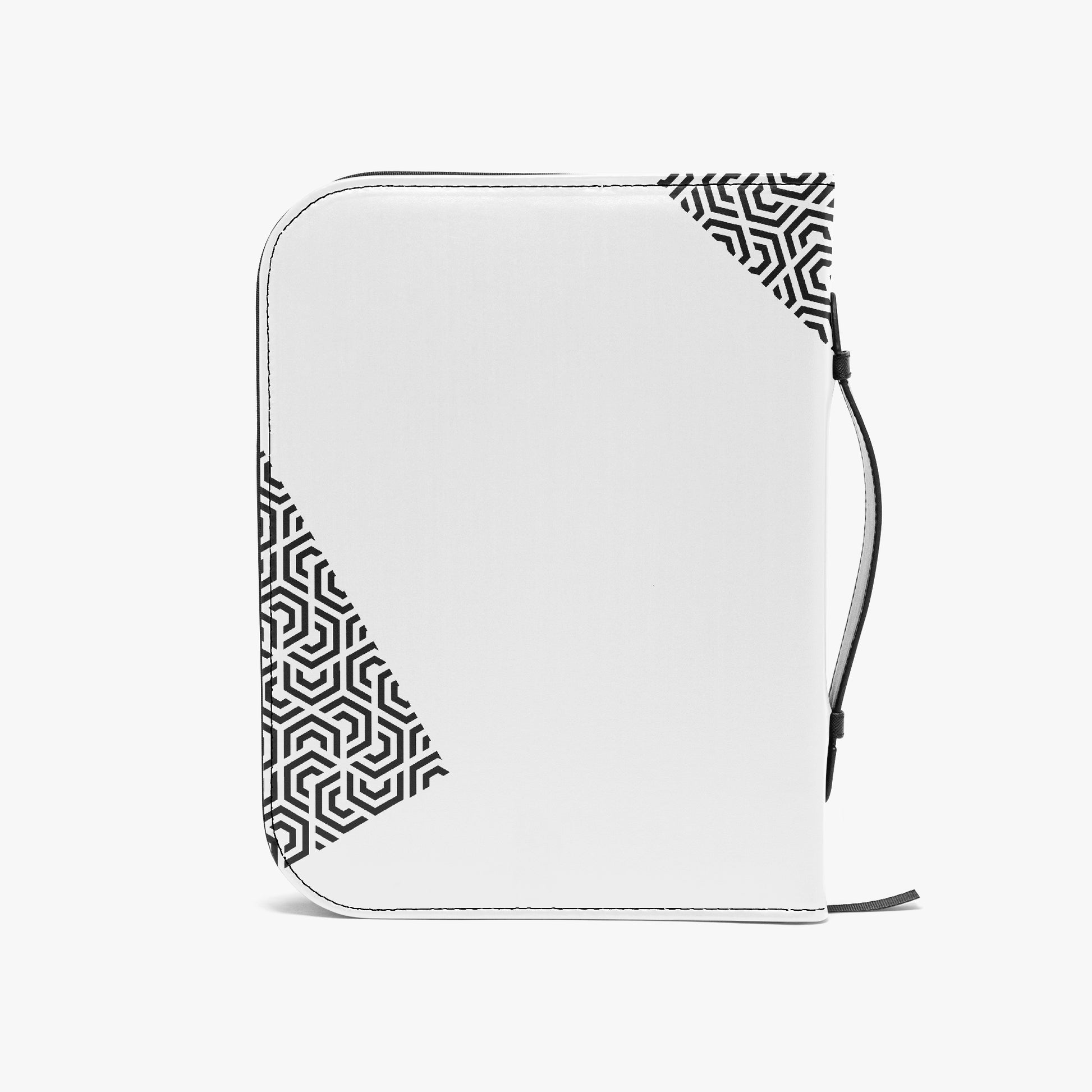 White pouch with black geometric pattern on a white background