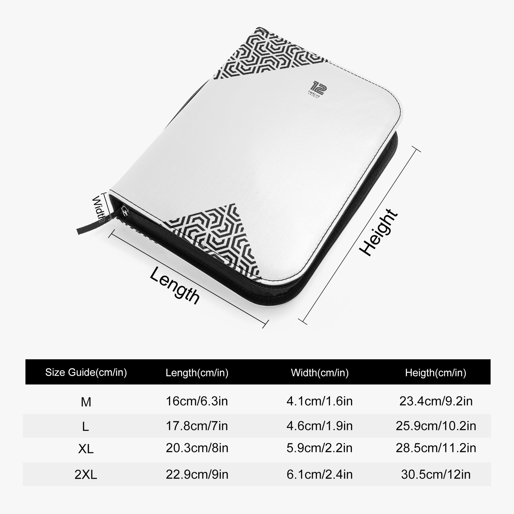 White pouch with black geometric pattern and measurements on a white background