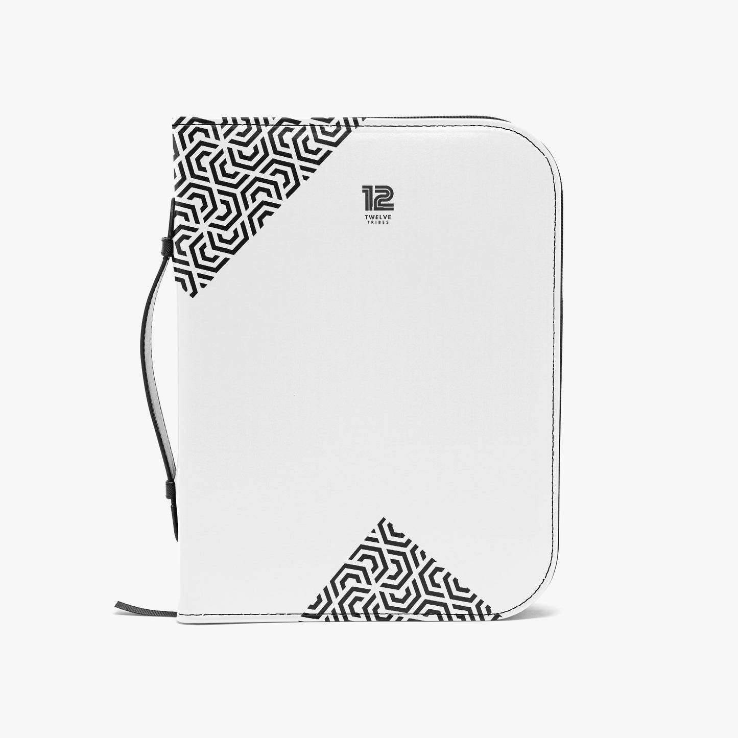 White pouch with black geometric patterns on a white background