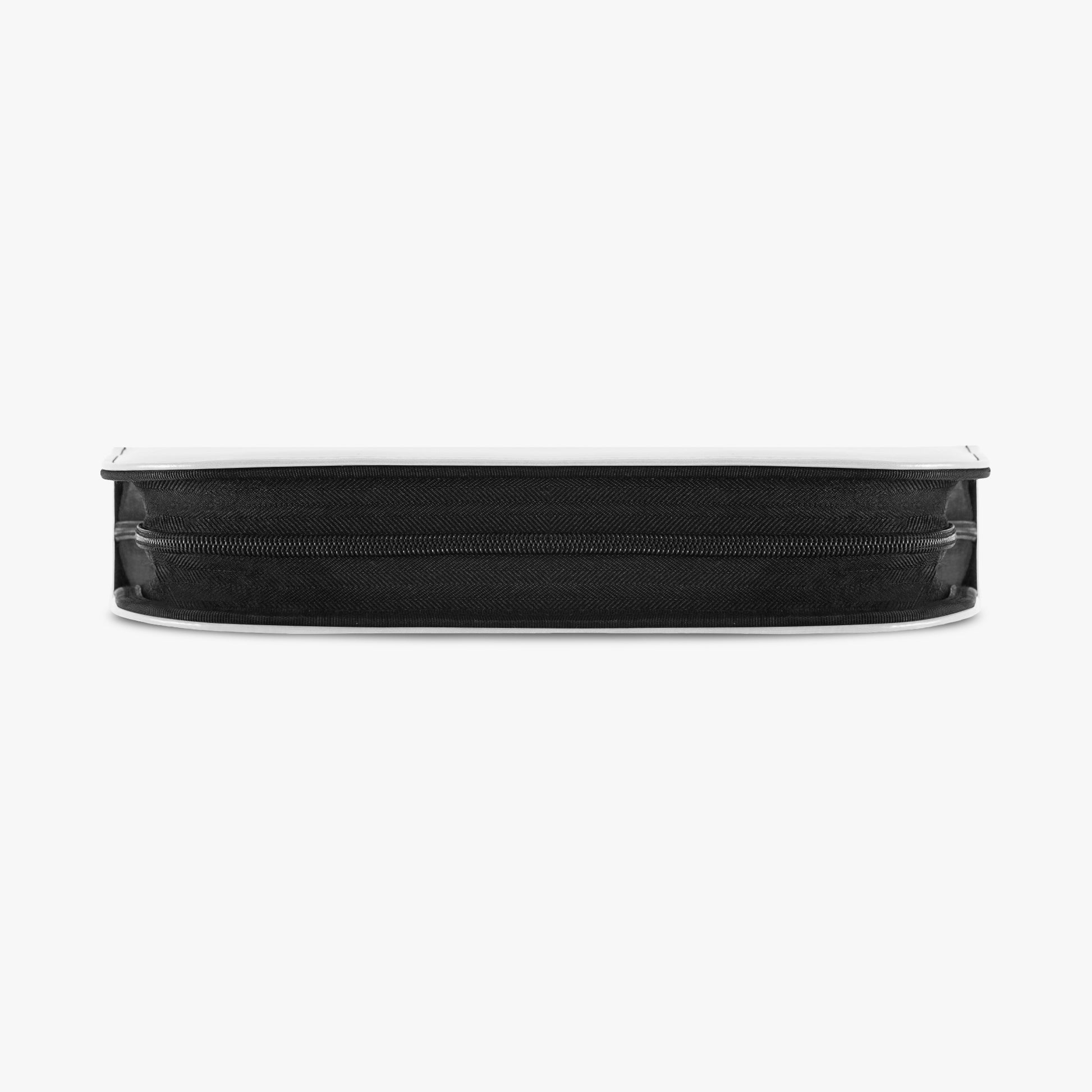 Black belt with a white buckle on a light gray background