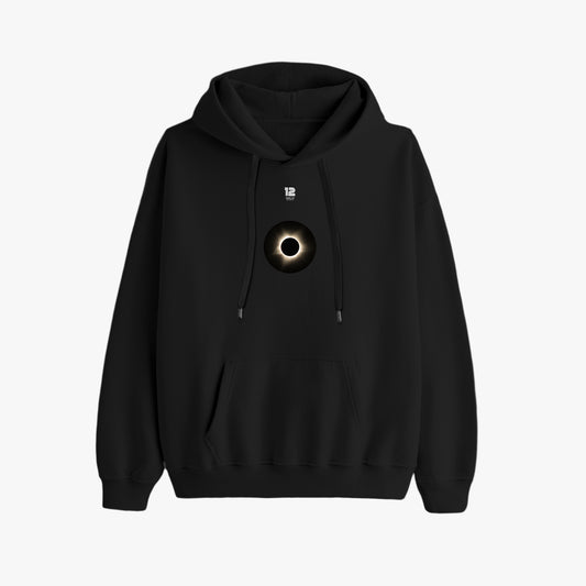 Black hoodie with a unique design on a white background