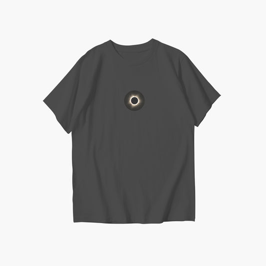 Black t-shirt with a circular design on the chest against a white background