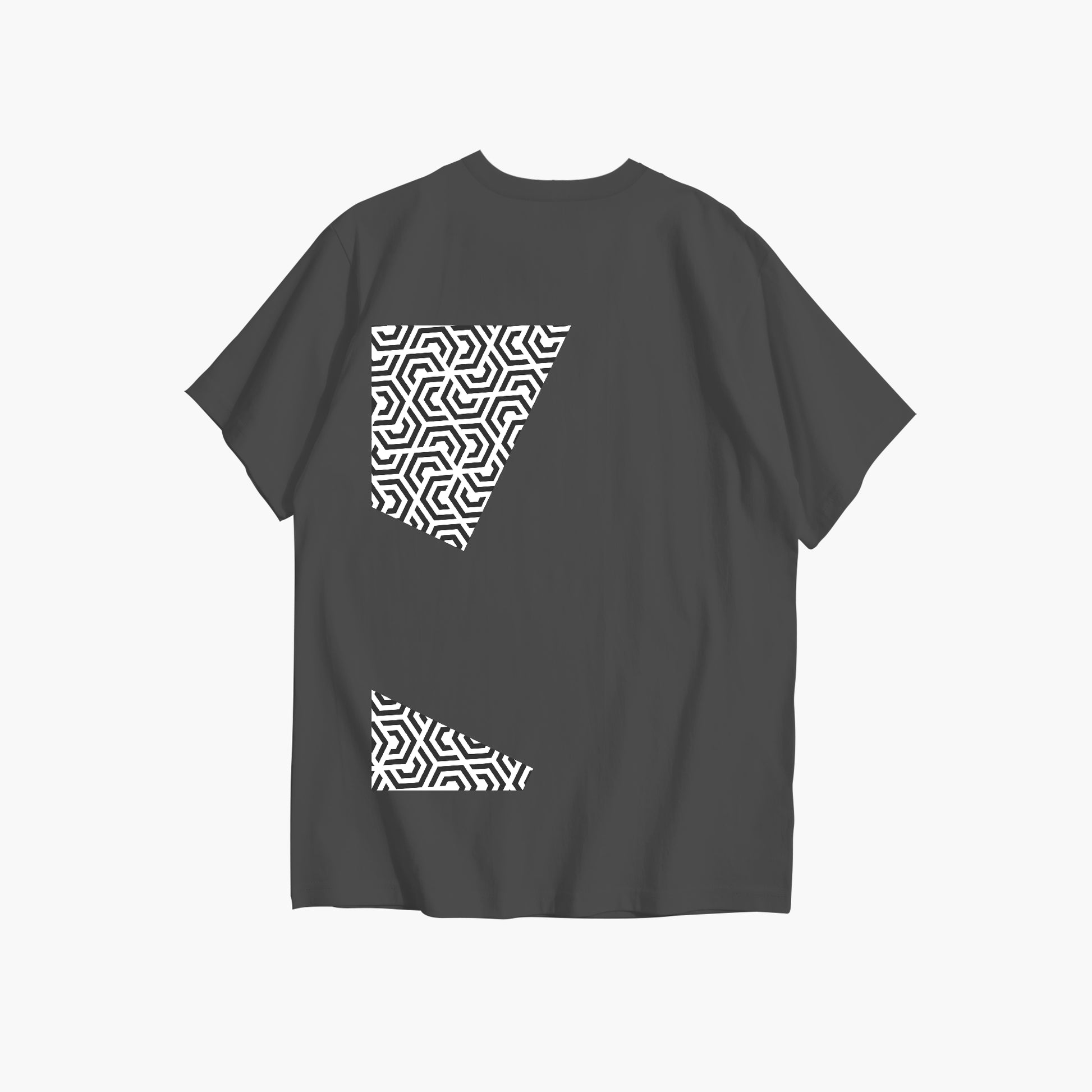 Black t-shirt with white geometric pattern on a white background